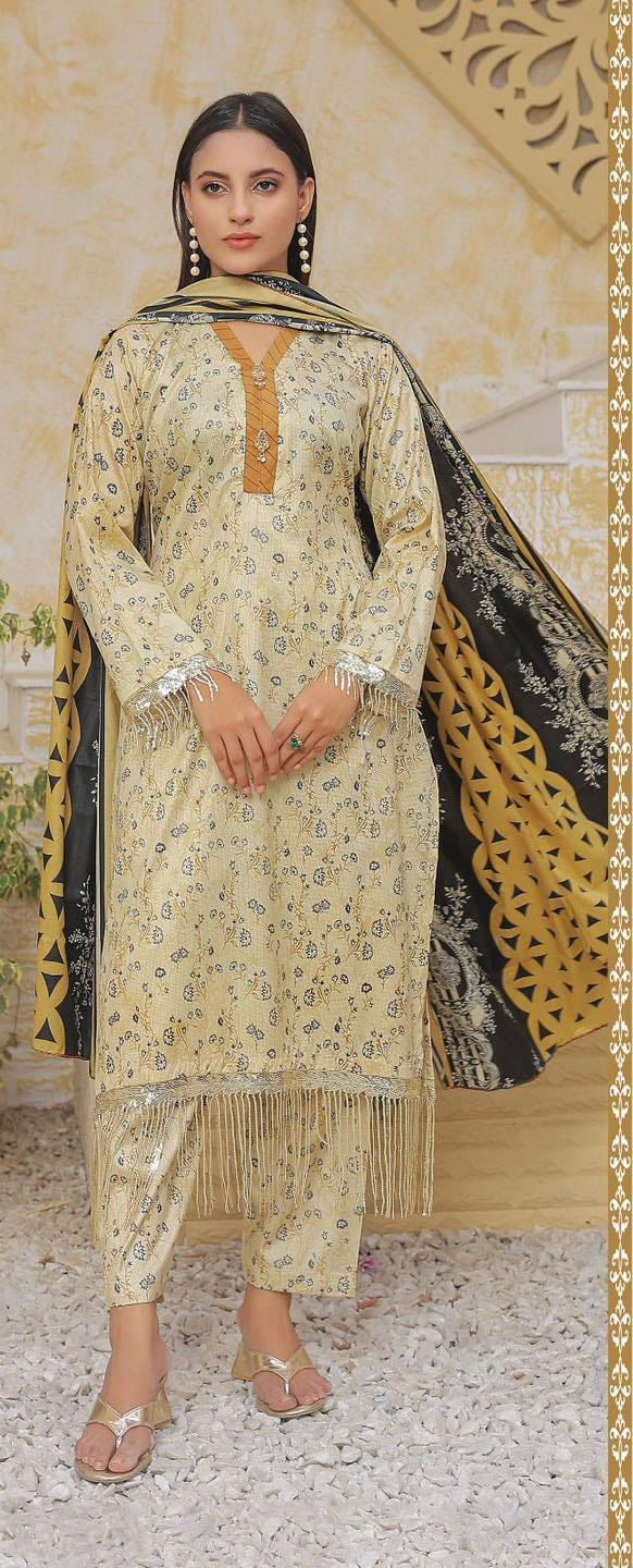 Elegant Printed 3-Piece Mixed Fabric Suit