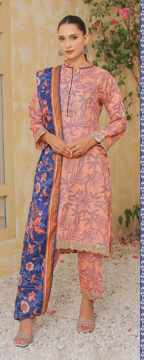 Elegant Printed 3-Piece Mixed Fabric Suit