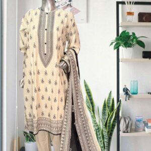 Three-Piece Printed Lawn Suit in Cream and Black