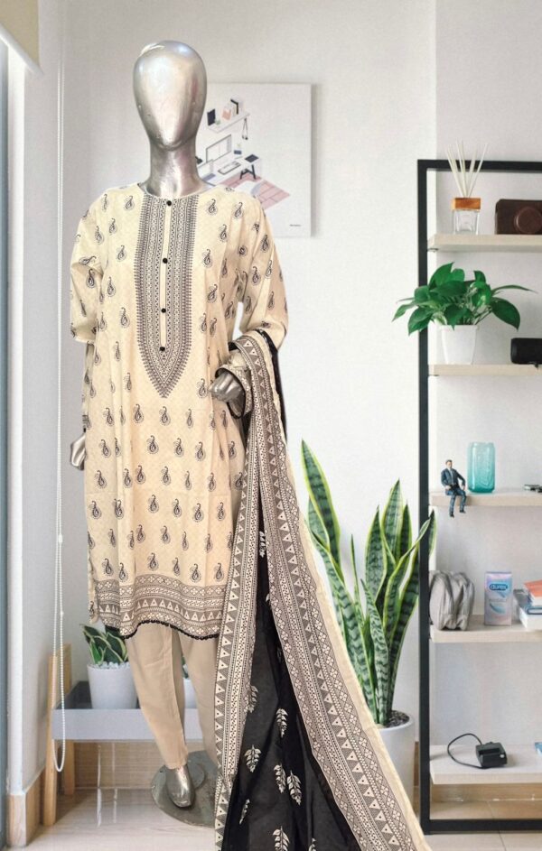 Three-Piece Printed Lawn Suit in Cream and Black