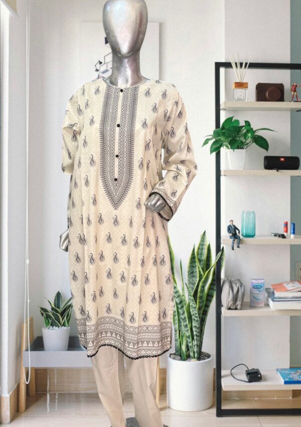 Three-Piece Printed Lawn Suit in Cream and Black - Image 4