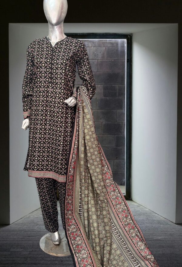 Classic Black Lawn Suit with Pink & Green Motif Accents – 3 Piece - Image 3