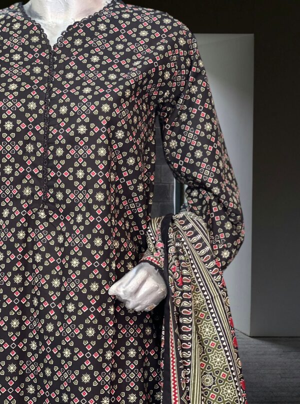 Classic Black Lawn Suit with Pink & Green Motif Accents – 3 Piece - Image 2