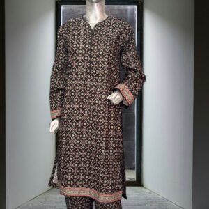 Classic Black Lawn Suit with Pink & Green Motif Accents – 3 Piece
