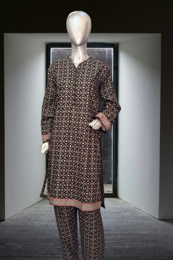 Classic Black Lawn Suit with Pink & Green Motif Accents – 3 Piece