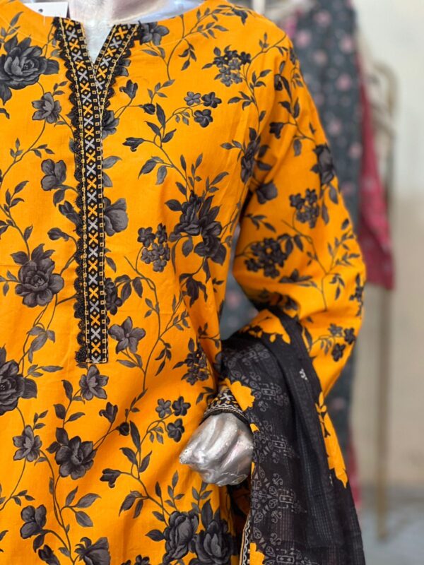 Bold Mustard & Black Floral Printed Lawn Suit – 3 Piece - Image 3