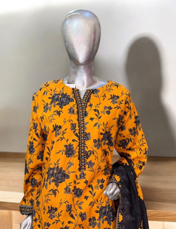 Bold Mustard & Black Floral Printed Lawn Suit – 3 Piece - Image 2