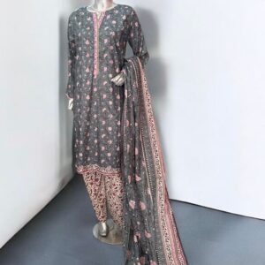Elegant Light Gray & Pink Floral Lawn Suit – 3 Piece