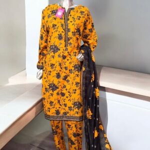 Bold Mustard & Black Floral Printed Lawn Suit – 3 Piece