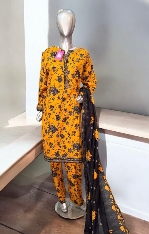 Bold Mustard & Black Floral Printed Lawn Suit – 3 Piece