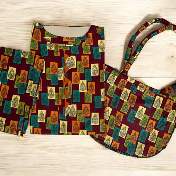 Vibrant Multi-Color Design 2-Piece on Dark Maroon Base with Matching Handbag - Image 3