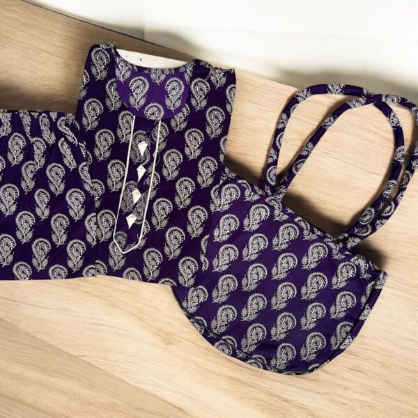 Elegant Purple 2-Piece with White All-Over Design and Matching Handbag - Image 3