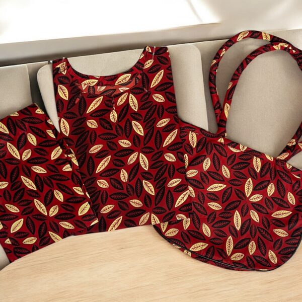 Chic Dark Maroon 2-Piece with Black & White Leaf Design and Matching Handbag - Image 3