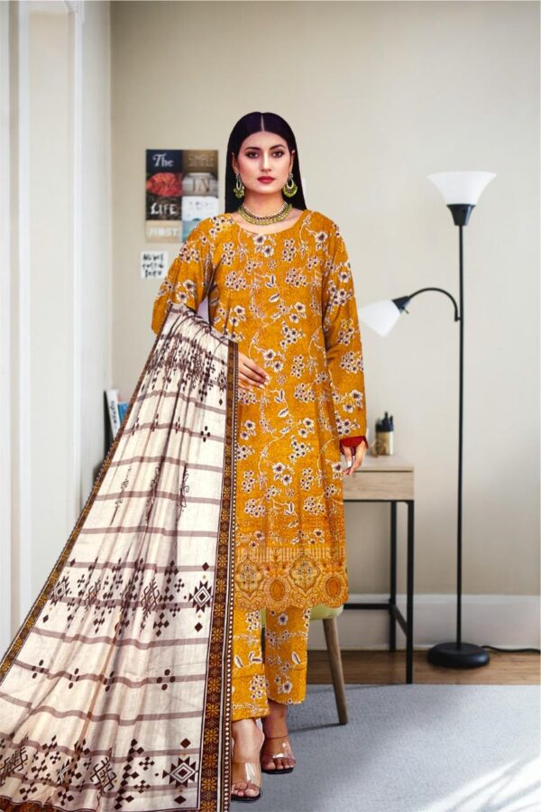 Unstitched 3-Piece Yellow Suit with Heavy Embroidery & Off-White Dupatta