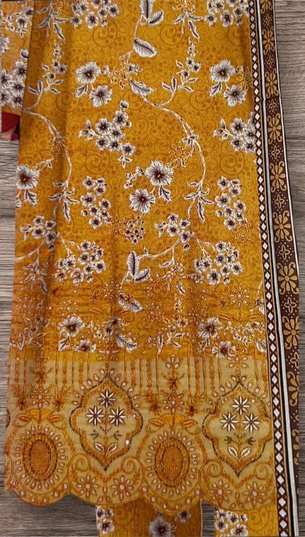 Unstitched 3-Piece Yellow Suit with Heavy Embroidery & Off-White Dupatta - Image 3