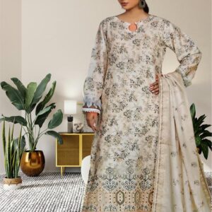 Unstitched 3-Piece Beige Embroidered Suit with Printed Dupatta and Detailed Border Work