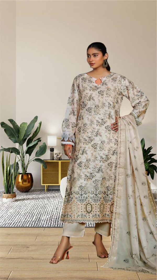 Unstitched 3-Piece Beige Embroidered Suit with Printed Dupatta and Detailed Border Work