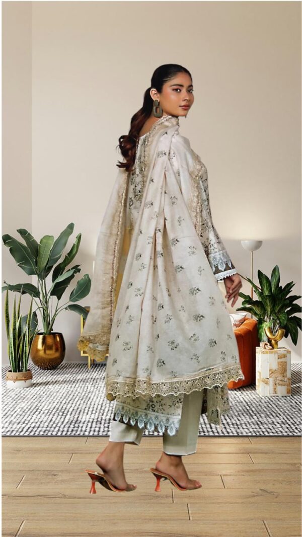 Unstitched 3-Piece Beige Embroidered Suit with Printed Dupatta and Detailed Border Work - Image 2