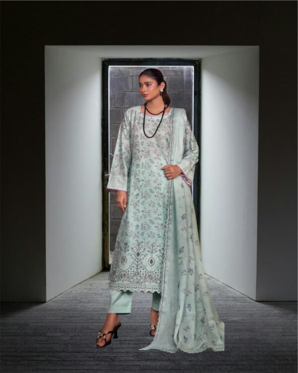 Unstitched 3-Piece Pastel Green Khari Embroidered Suit with Printed Dupatta and Lace Borders - Image 2