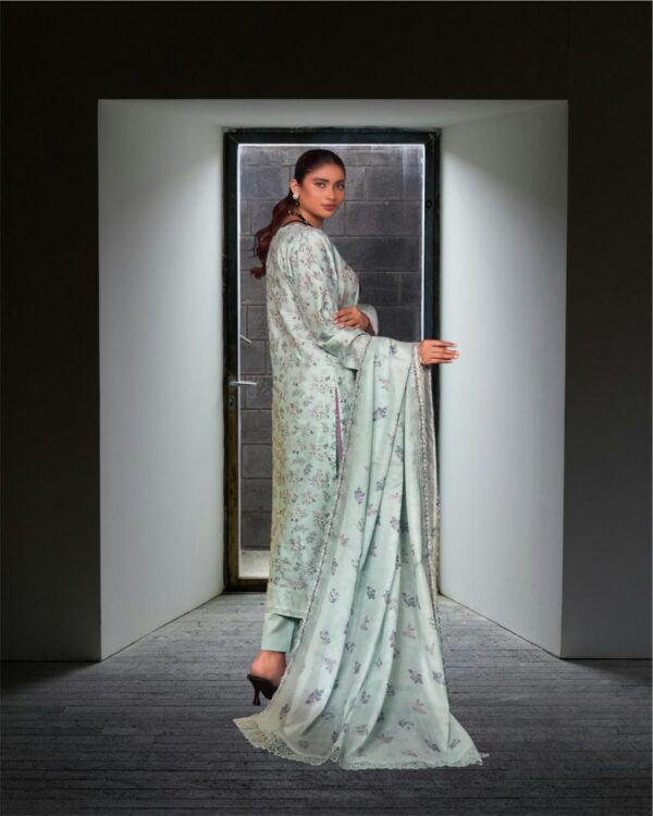 Unstitched 3-Piece Pastel Green Khari Embroidered Suit with Printed Dupatta and Lace Borders - Image 3