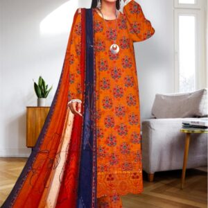 Unstitched 3-Piece Orange Khari Embroidered Suit with Matching Dupatta
