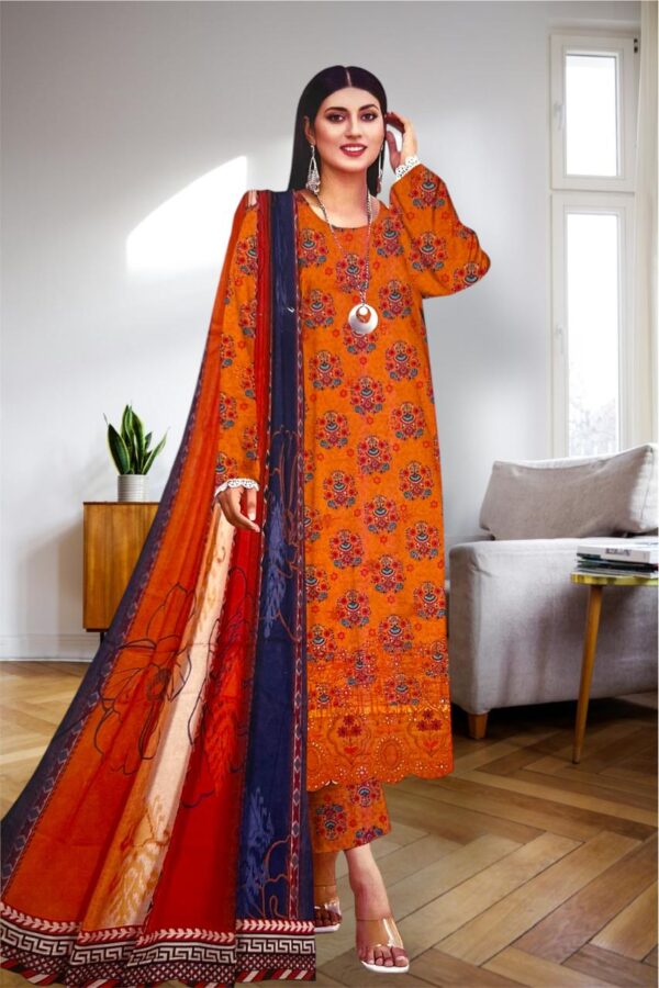 Unstitched 3-Piece Orange Khari Embroidered Suit with Matching Dupatta