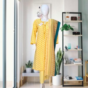 Bin Saeed Premium Stitched Lawn Suit – Sunshine Butter Yellow with Bottle Green Dupatta Border