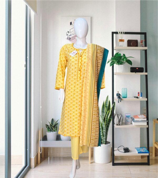 Bin Saeed Premium Stitched Lawn Suit – Sunshine Butter Yellow with Bottle Green Dupatta Border