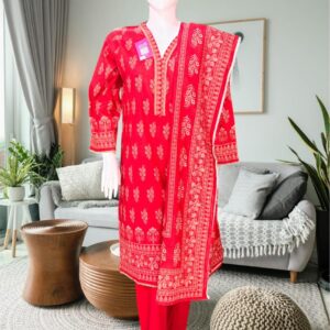 Bin Saeed Stitched Lawn 3-Piece Suit – Bright Light Red with Artistic Print