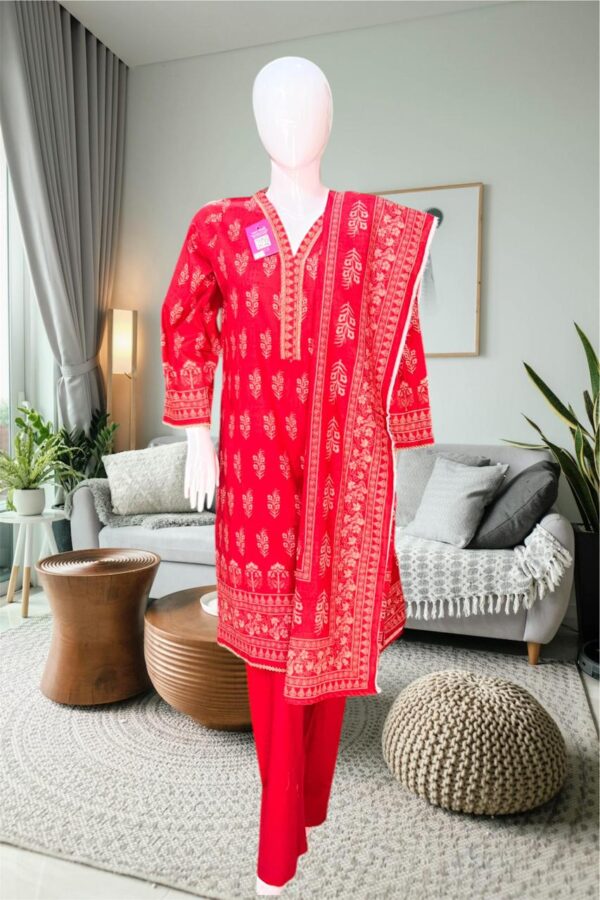 Bin Saeed Stitched Lawn 3-Piece Suit – Bright Light Red with Artistic Print