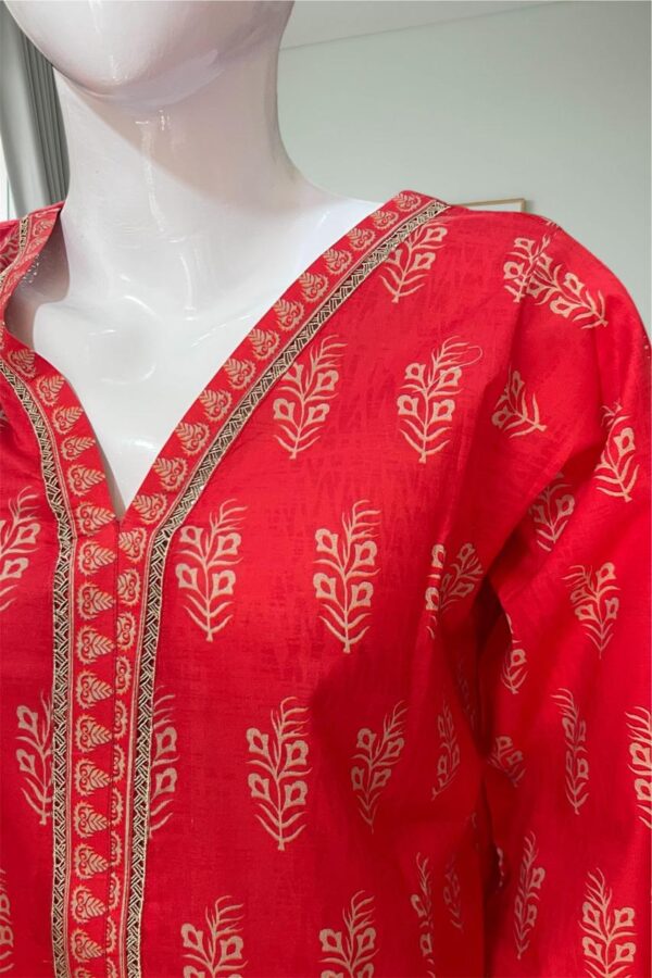 Bin Saeed Stitched Lawn 3-Piece Suit – Bright Light Red with Artistic Print - Image 4