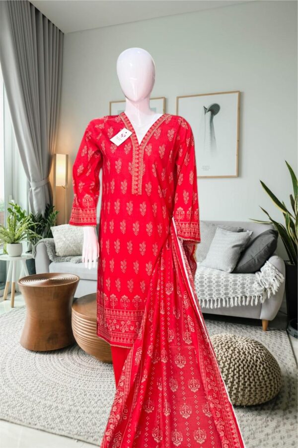 Bin Saeed Stitched Lawn 3-Piece Suit – Bright Light Red with Artistic Print - Image 3