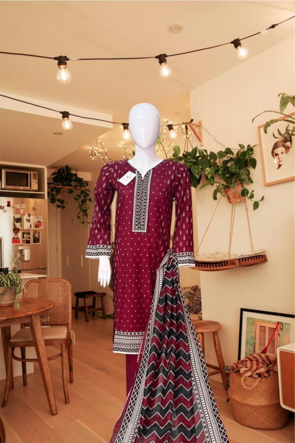 Bin Saeed Classic Maroon 3-Piece Stitched Suit – Timeless Tribal-Inspired Print - Image 3