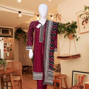 Bin Saeed Classic Maroon 3-Piece Stitched Suit – Timeless Tribal-Inspired Print