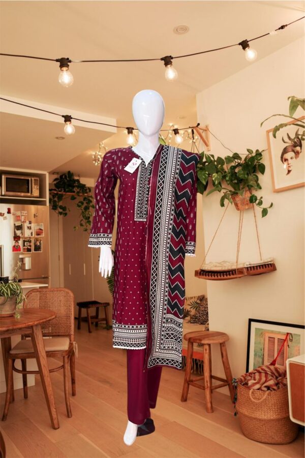 Bin Saeed Classic Maroon 3-Piece Stitched Suit – Timeless Tribal-Inspired Print