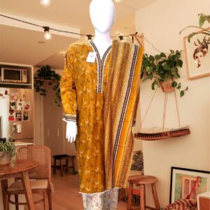 Bin Saeed Mustard Floral 3-Piece Stitched Lawn Suit – Contrast White Trousers & Striped Dupatta