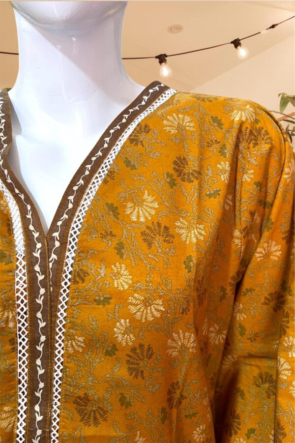 Bin Saeed Mustard Floral 3-Piece Stitched Lawn Suit – Contrast White Trousers & Striped Dupatta - Image 4