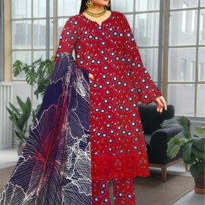 Unstitched 3-Piece Red Khari Embroidered Suit with Contrasting Blue Dupatta