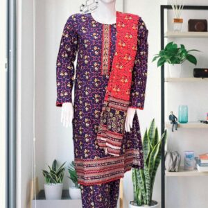 Bin Saeed – Purple 3-Piece Printed Elegance with Red Dupatta