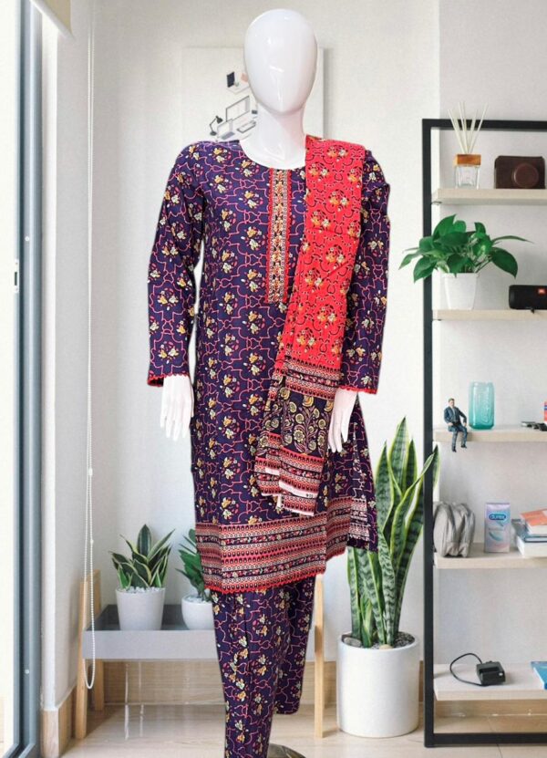 Bin Saeed – Purple 3-Piece Printed Elegance with Red Dupatta