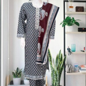 Bin Saeed – 3-Piece Printed Elegance in Blue & Maroon